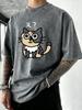 A Cat Full Of Doubts Design Washed TShirt Man Vintage Oversized Top Summer Cotton T Shirts Beach Vacation Mens Short Sleeves