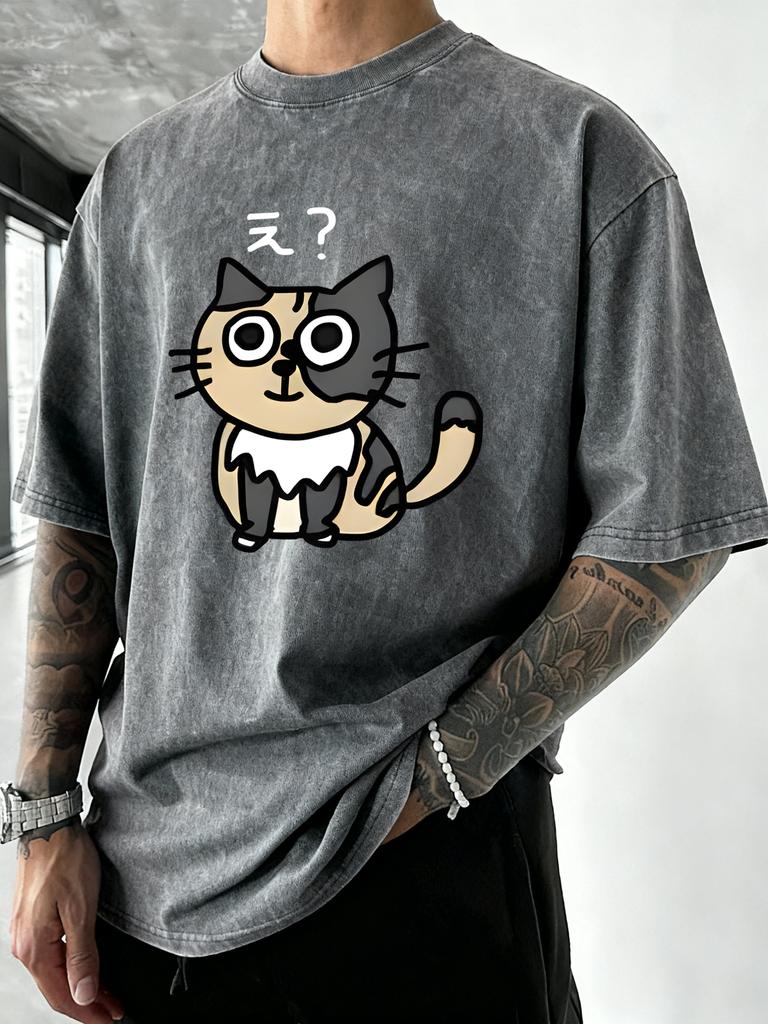 A Cat Full Of Doubts Design Washed TShirt Man Vintage Oversized Top Summer Cotton T Shirts Beach Vacation Mens Short Sleeves