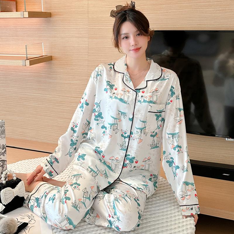 Simulated Silk Summer Long-Sleeved Pajamas, High-End Plant-Printed Trousers, Women'S Loungewear