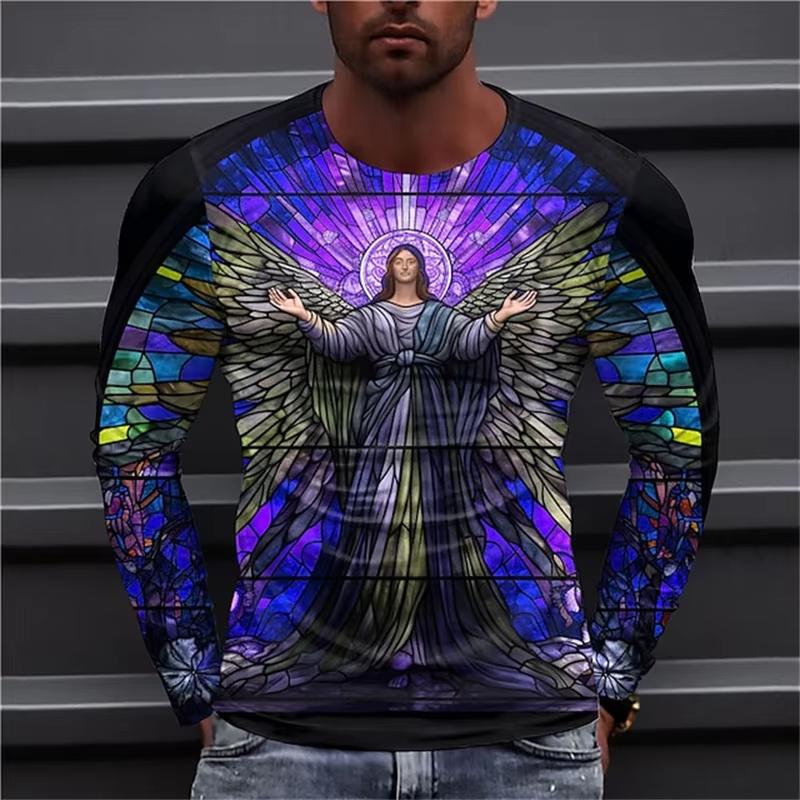Spring and Autumn 3D Printing Virgin Mary Men's T-shirts Christian Round neck Long Sleeved Casual Tops