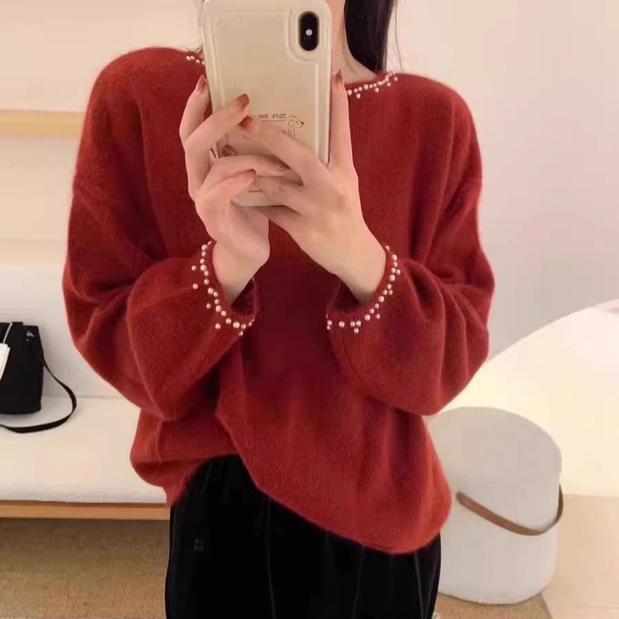 Arctic velvet, heavy industry solid color beaded imitation wool crew neck knitted sweater for women's autumn and winter gentle wind inside
