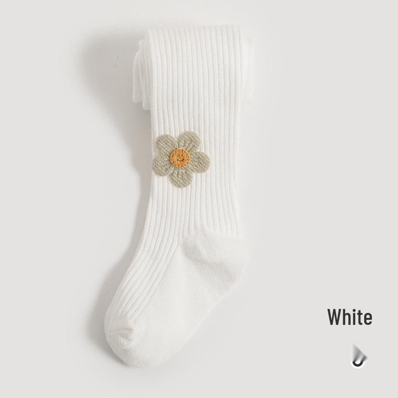 Spring & Autumn Girls' One-Piece Cotton Tights - Solid Striped, Medium Thickness, Sunflower Design