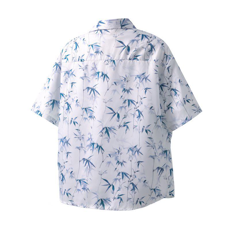 Chinese Ink Wash Bamboo Leaf Print Short Sleeve Casual Shirt