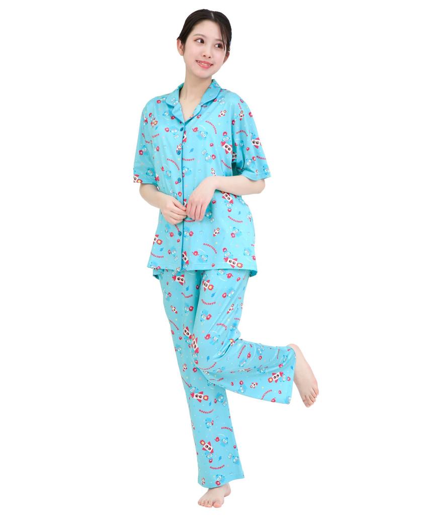 SAZAC Cosmic Hangyodon Shirt Powder Stretch Short Sleeve and Long Pants Loungewear Pajamas, Fabric, Women's Set, (Blue/L/SAN1953)