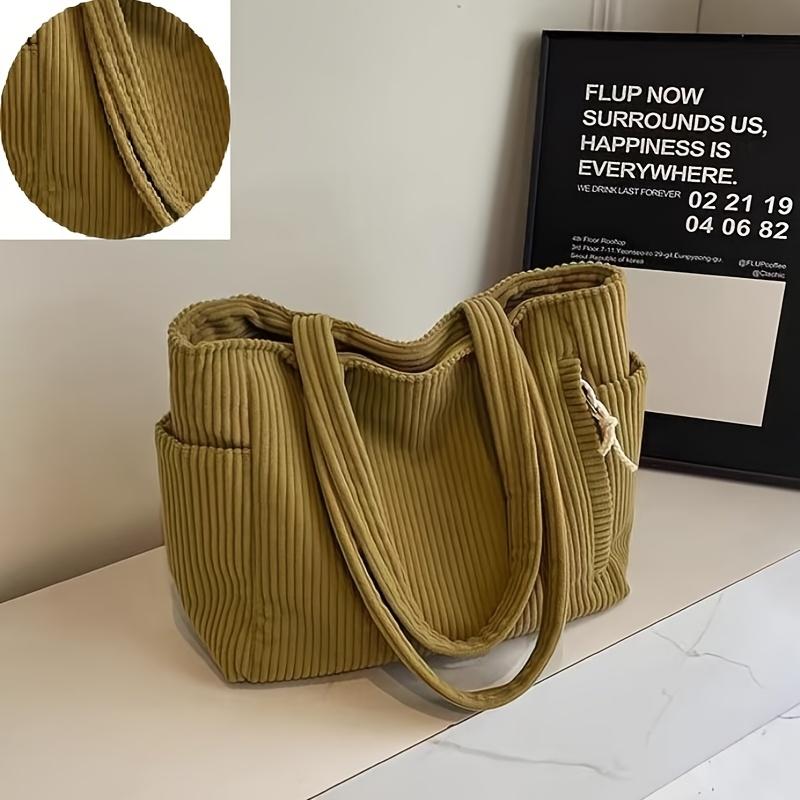 Women Corduroy Tote Bag, Versatile Striped Shoulder Handbag, Large Capacity, Durable, Latest Style, Multi-Pocket, Casual Everyday Use, Zipper Closure