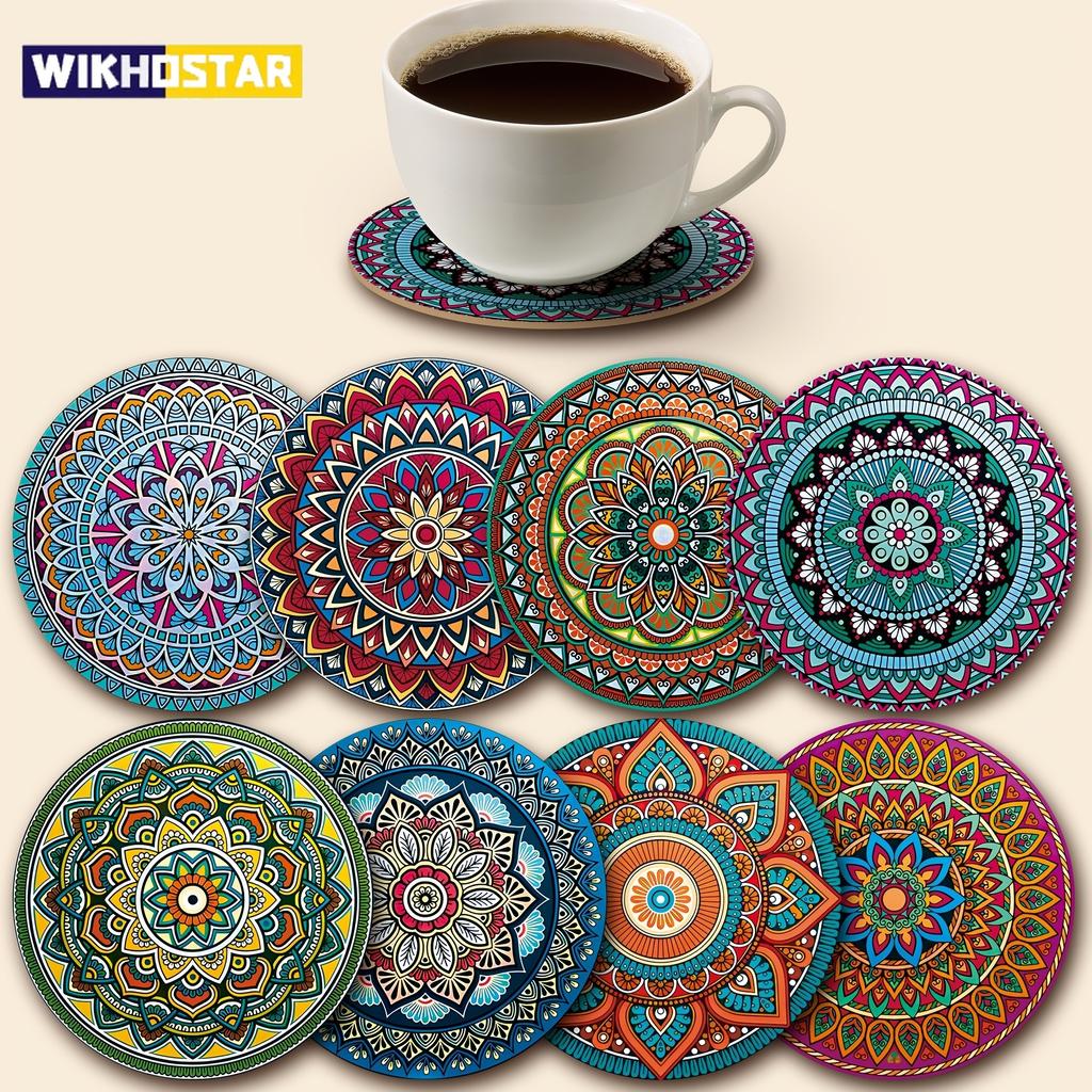 8pcs Wooden Mandala Coasters Set - Holiday/Party Essential for Bar, Office, Home Decor