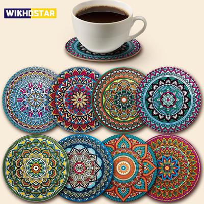 8pcs Wooden Mandala Coasters Set - Holiday/Party Essential for Bar, Office, Home Decor