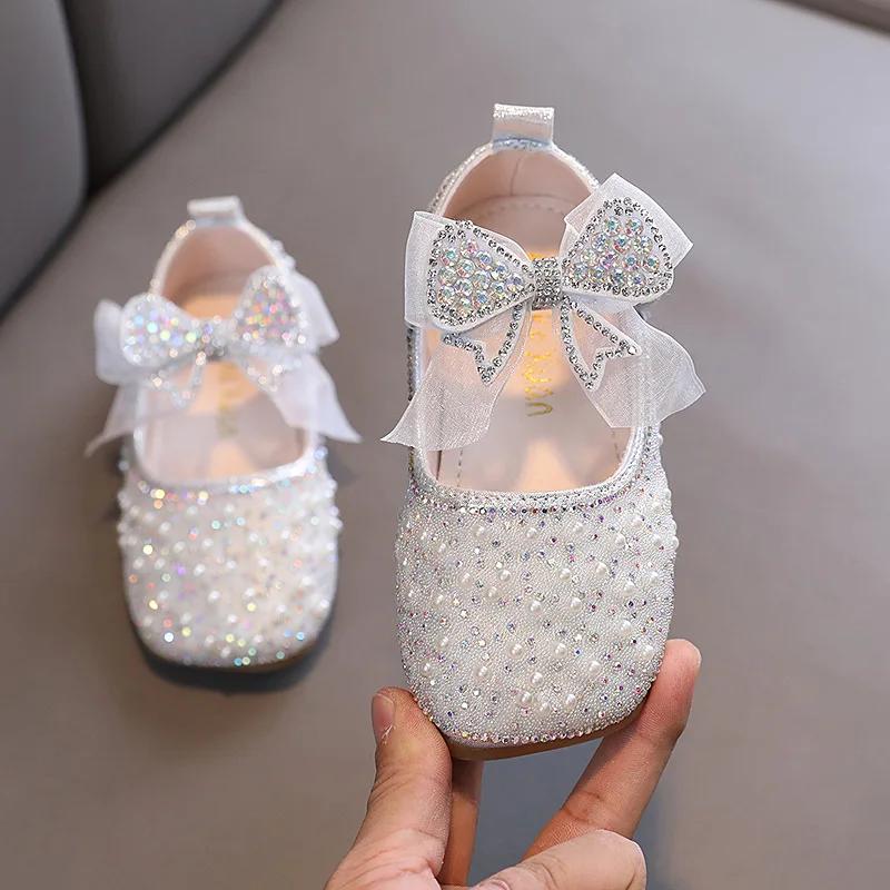 Spring Children's Lace Bow Princess Shoes Girls Bling Square Toe Leather Shoes New Kids Soft-Soled Versatility Stage Shoe I06198