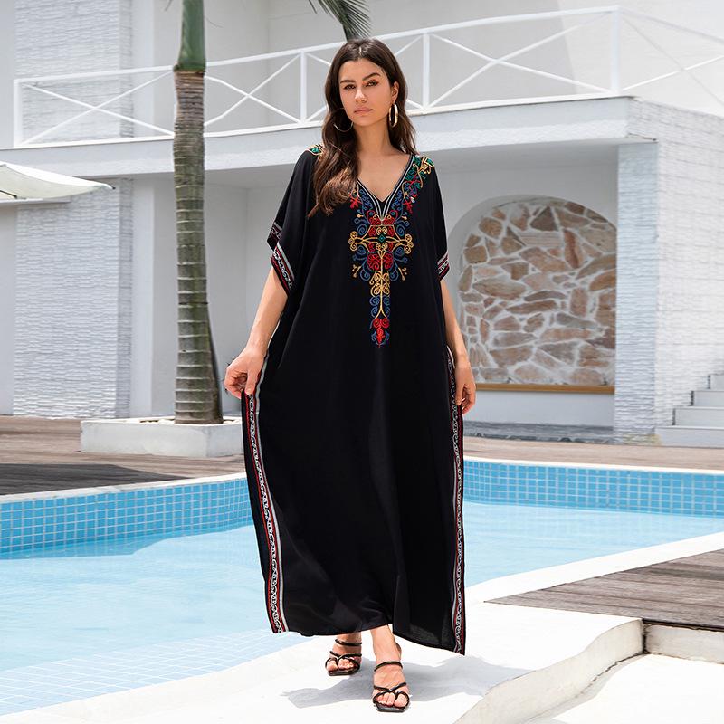 European-American Cotton Embroidery Plus Size Beach Cover-Up Dress