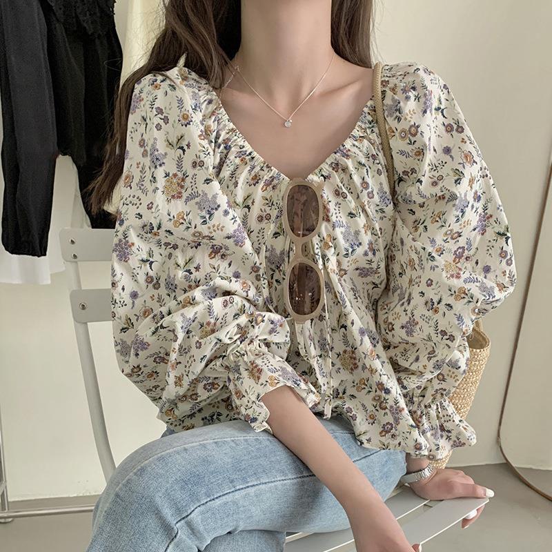 

Корейская блузка с цветочным принтом, с открытыми плечами и кулиской - Коллекция Весна/Осень 2025 L