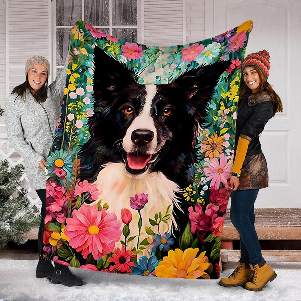 1pc Floral Border Collie Print Outdoor Soft Polyester Flannel Throw Blanket Versatile for All Seasons , Soft , Cozy , Warm All Season Quilted Throw ,
