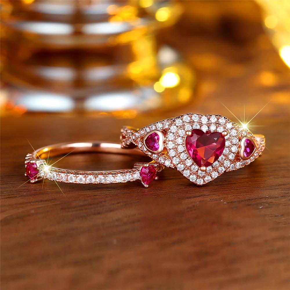 Female White Red Zircon Stone Heart Engagement Ring Set Vintage Rose Gold Color Bridal Wedding Bands Party Jewelry For Women