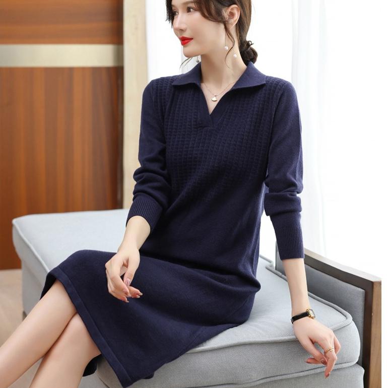 Women's Knitted Dress Red Mid-length Sweater Dress Autumn and Winter Pure Color Casual Knitted Shirt