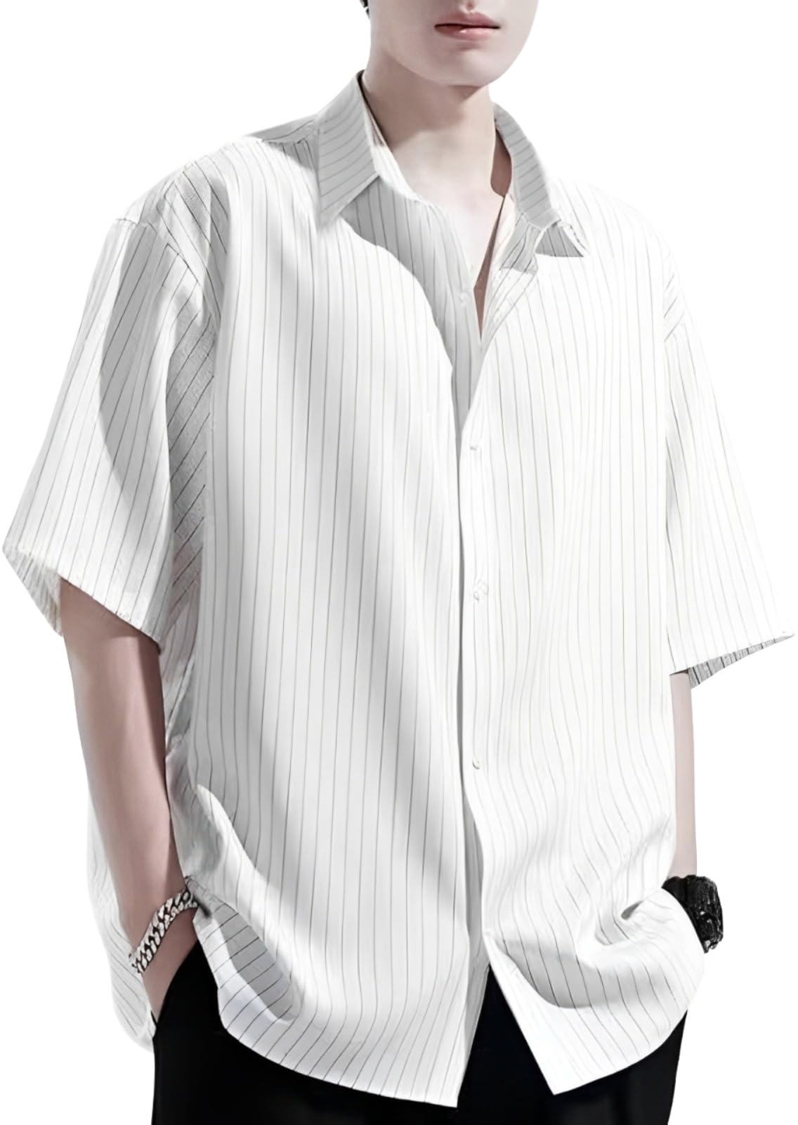 

Полосатая рубашка с воротником, с коротким рукавом, черная и американская без короткого рукава белая [Aspersio], с принтом по всей поверхности, удобная, легкая, топ, стильная,