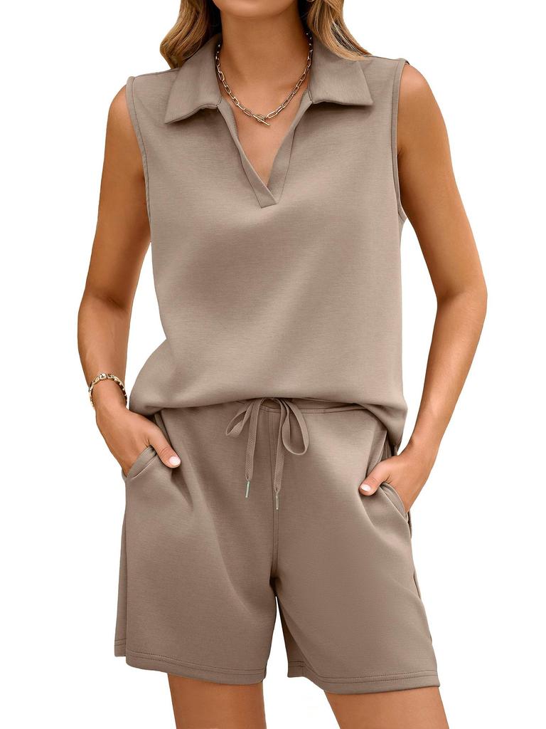 Women's Casual V-Neck Sleeveless Sports Two-Piece Set