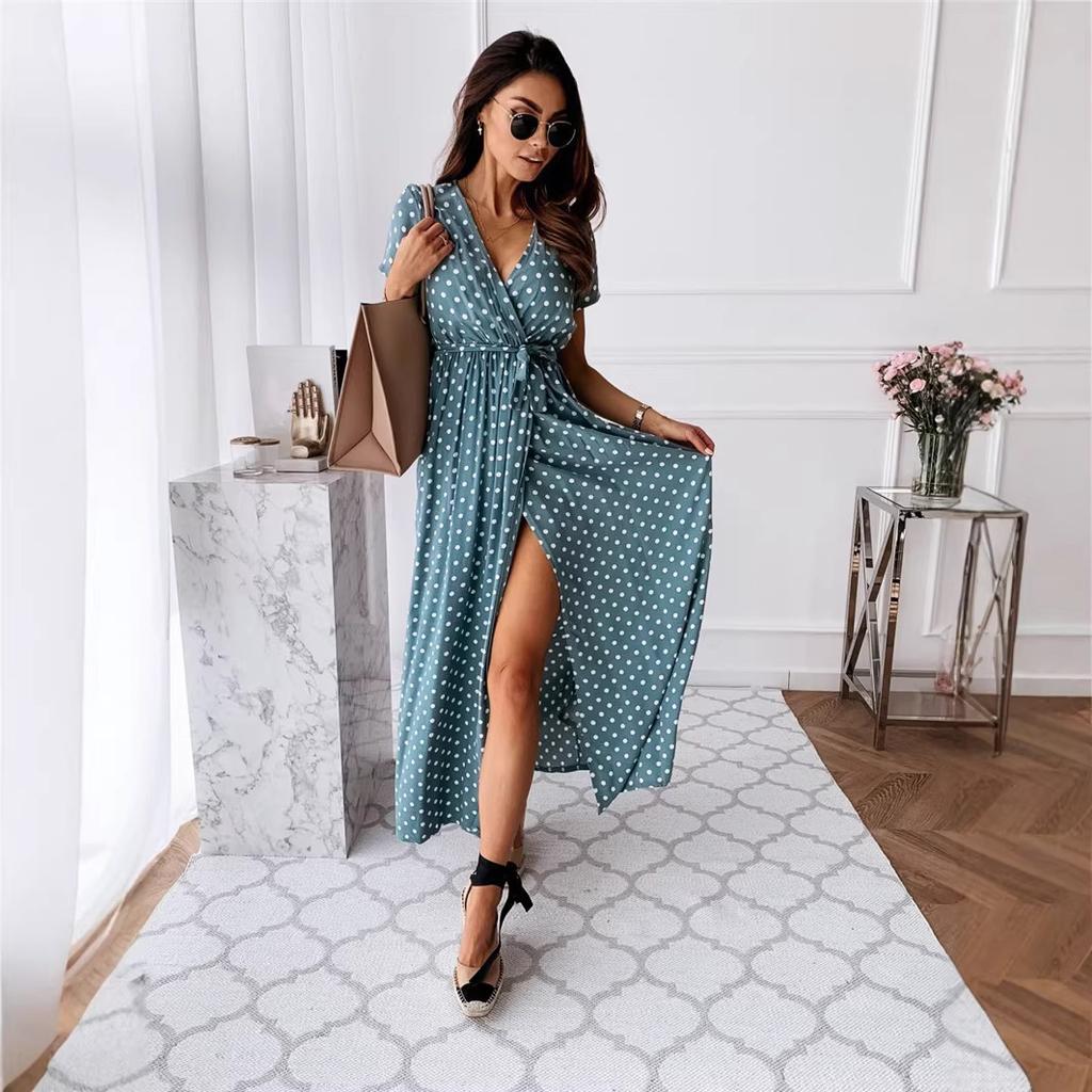 Summer Short Sleeve V-Neck Dress, Bohemian Polka Dot Dress Long Dress Spot