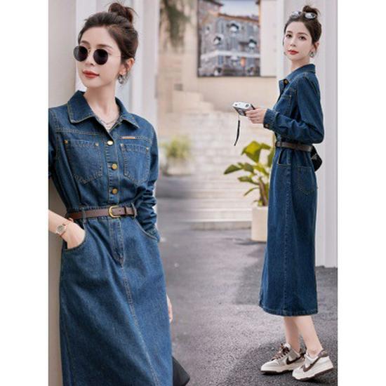 Trendy Slimming Denim Dress for Women - 2026 Spring/Autumn Style with Waist-Cinching, Flattering Fit & Lapel Design