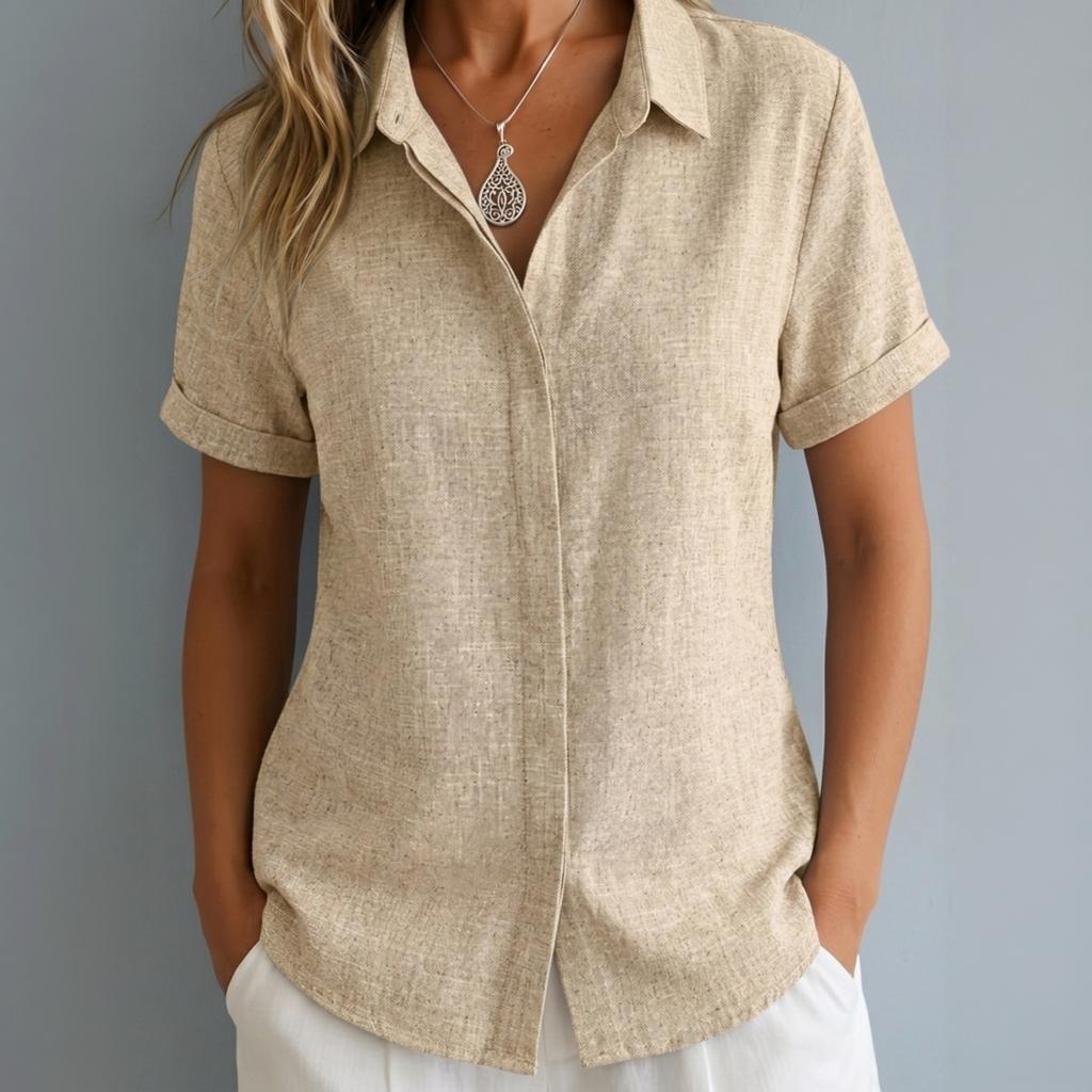 Women Short Sleeve Button Down Shirt Collared Casual Loose Fit Imitation Linen Blouse Lightweight Summer Top for Daily Wear
