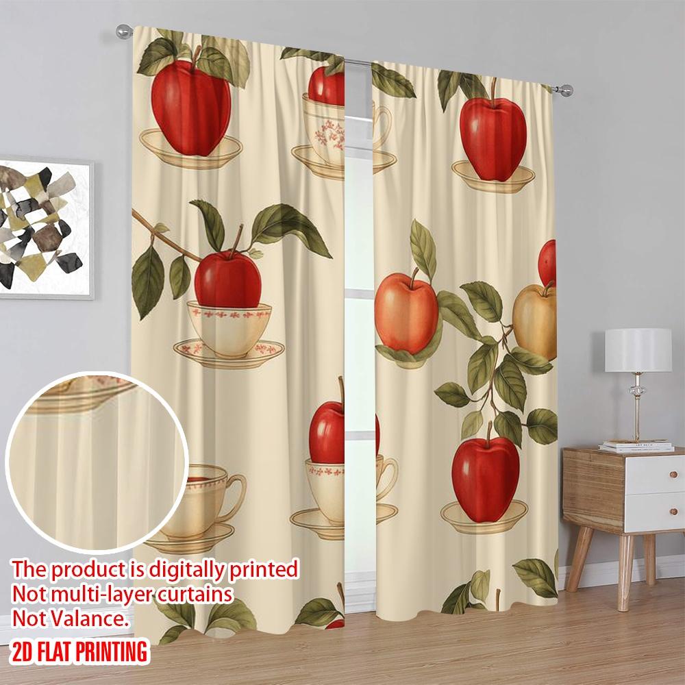 2pcs,2D Plane Printing Creative Curtains Tea Apple Harmony Durable 100% Polyester Fabric (without Rod) Holiday for Bedroom &