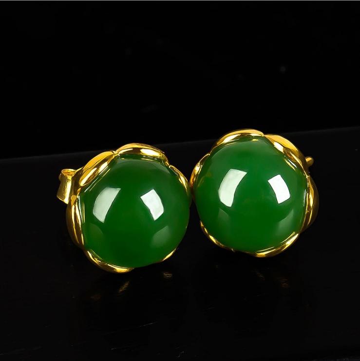 18k Gold-Plated Green Chalcedony and Jasper Stud Earrings for Women