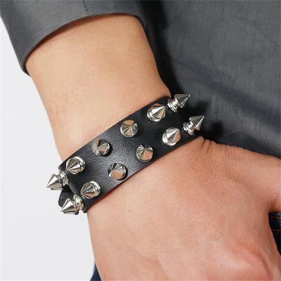 Pu Leather Studded Bracelet Punk Spike Rivets Cuff Metal Black Wristband Adjustable Cuff Bangle