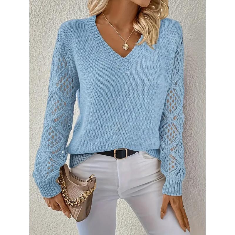 V-Ausschnitt Lochmuster Damen Strickpullover Einfarbig Langärmelige Pullover Neu Gemütlich Koreanischer Stil Damen Bequeme Kleidung