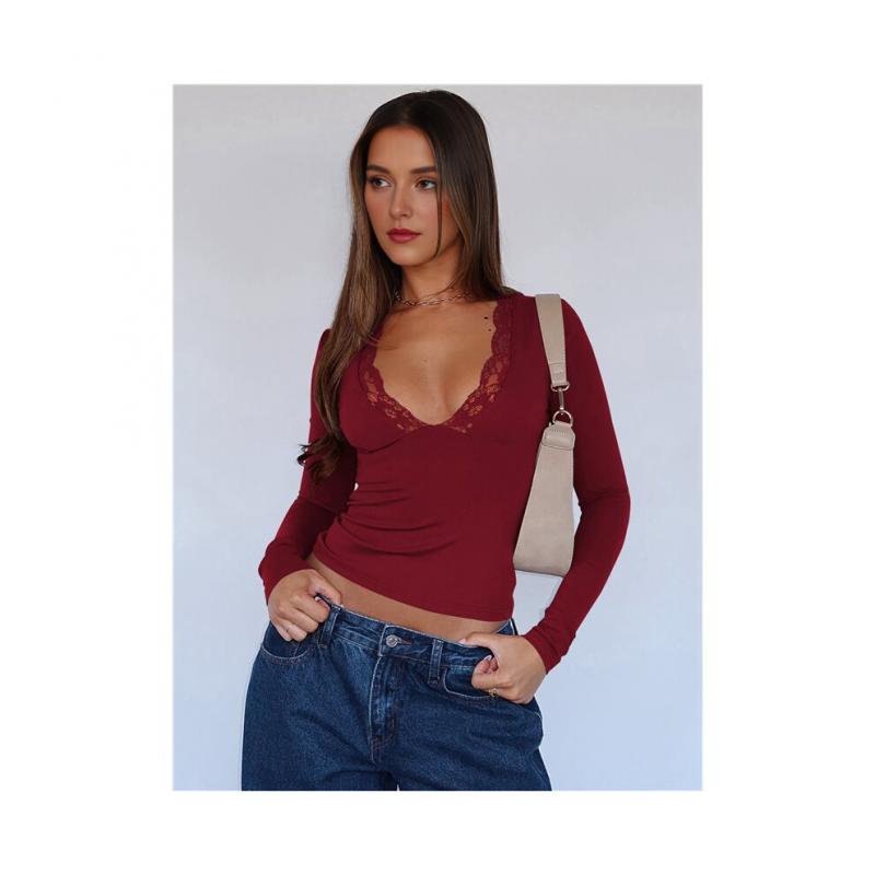 Damen Langarmshirts Ausgehen V-Ausschnitt Kurz Spitzen Mesh Eng Anliegende Shirts Weinrot S