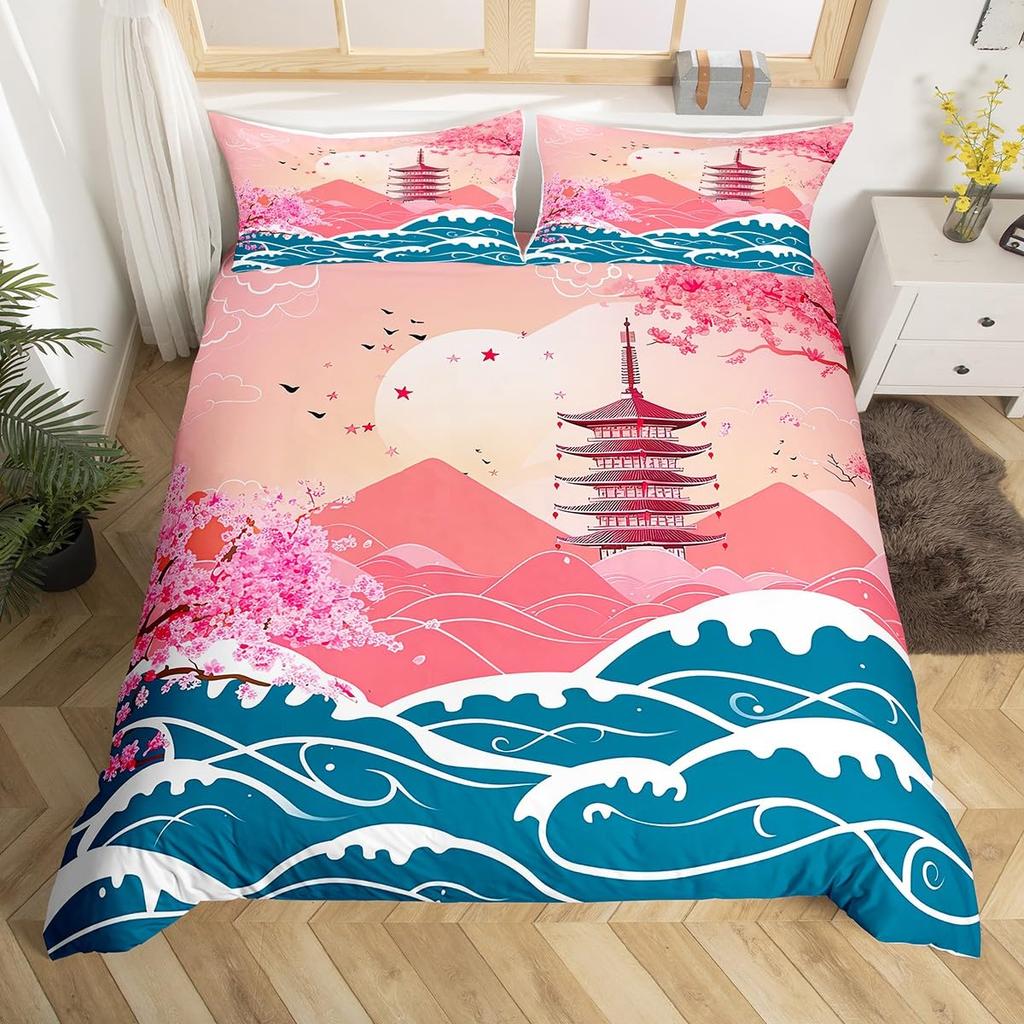 Japanese-Style Comforter Cover Cherry Blossoms Printed Bedding Set Mount Fuji Duvet Cover Ink Painting Pattern Bedspread Cover