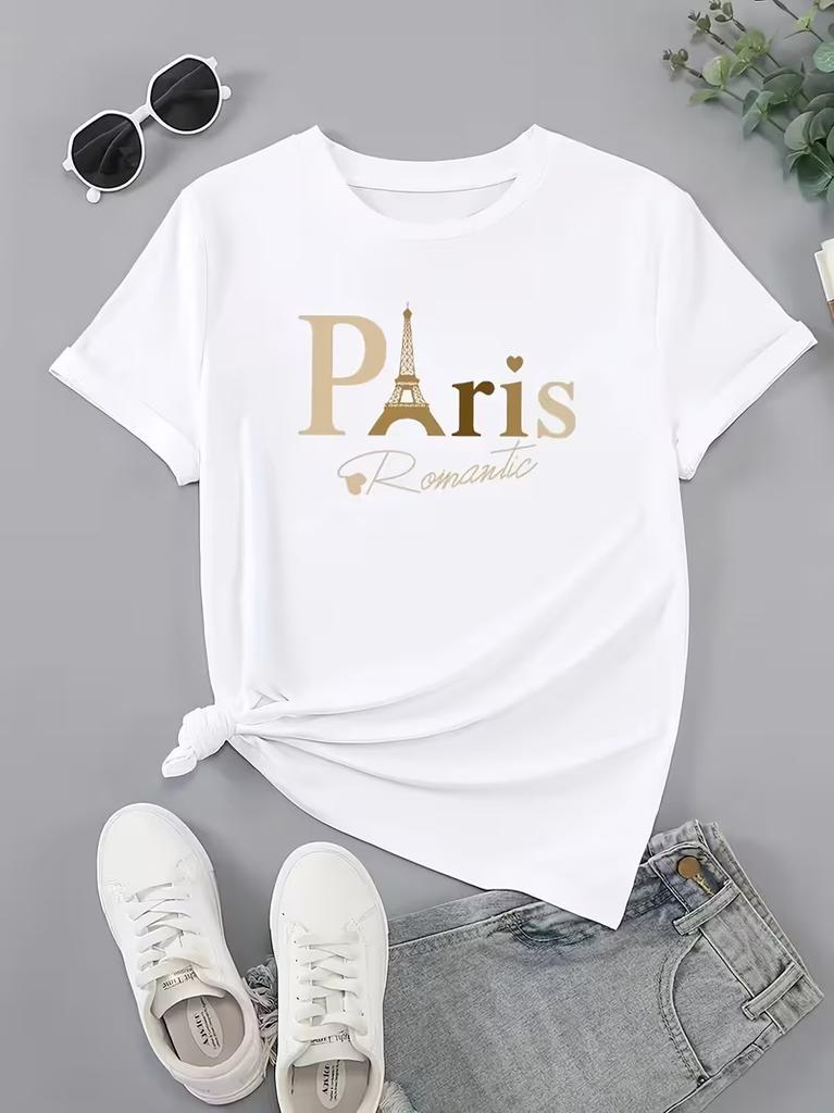 Unisexs Paris Eiffel Tower Graphic Tee Leopard Floral Letter Print Crew Neck Short Sleeve Casual Daily TShirt