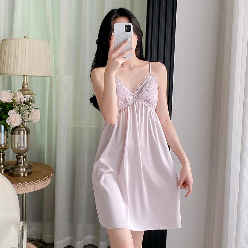 

Комплект нічної сорочки з мереживом з крижаного шовку: Сексуальний жіночий роздільний купальник з нагрудними вкладишами для весни, літа та осені L [100—115 lbs]