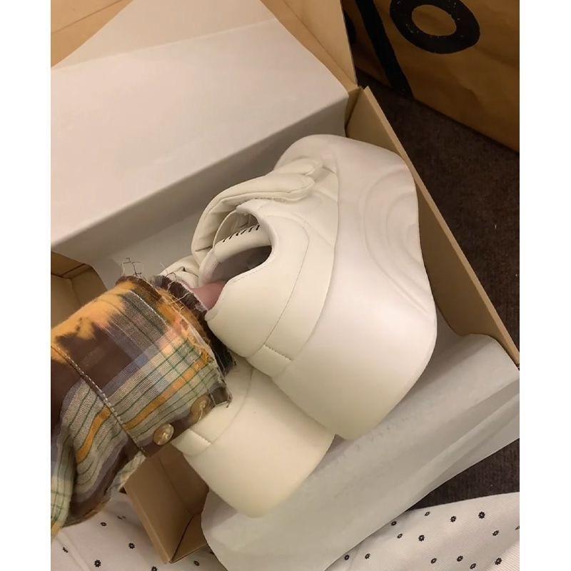 White Sneakers Spring and Autumn Heightened Thick-soled Velcro Ugly Cute Board Shoes Muffin Round Head Bread Shoes