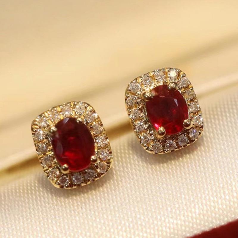 Earrings, Vintage Hepburn Style Imitation Red Corundum Zircon Stud Earrings, Luxury Anniversary Accessories