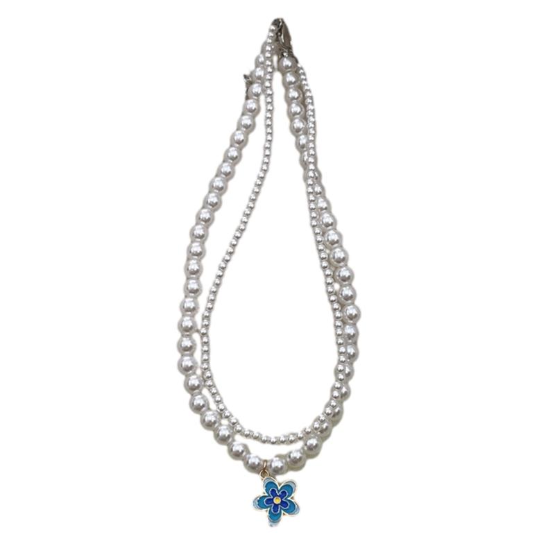 

Y2K Style Double Layered-Pearl Clavicle Chain Flower Pendant Choker Necklace Fashion Jewelry Gift Dainty Beaded Necklace синій