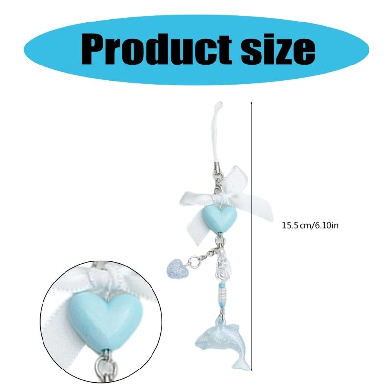 Stylish Dolphin Heart Bowknoty Phone Chain Trendy Dolphin Love Heart Bowknot Resin Pendant for Phone Camera Bag Ornament