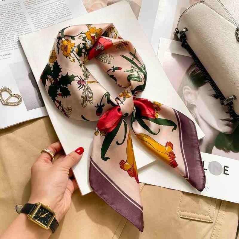 70cm White Stripe Nordic Style Silk Scarf Women Large Square Shawl Simple Chic Decorative Versatile Headwear Clothing Bags Scarf