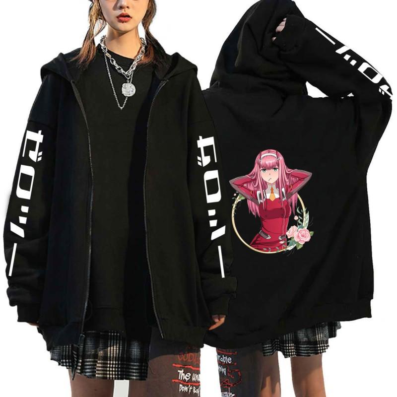 Anime Zero Two Darling In Franxx Hooded Zip-Up Sweatshirt Mens Oversized Fleece Lined Casual Pullover