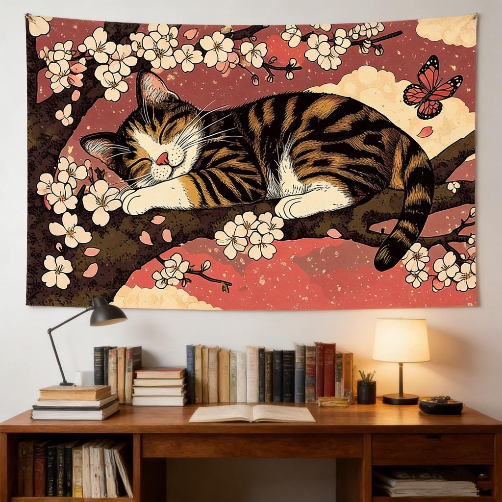 Ukiyoe Style Cat Wall Tapestry Cherry Blossom Butterfly Design 2D Artwork Ideal Decor for Living Room Bedroom Outdoor Use