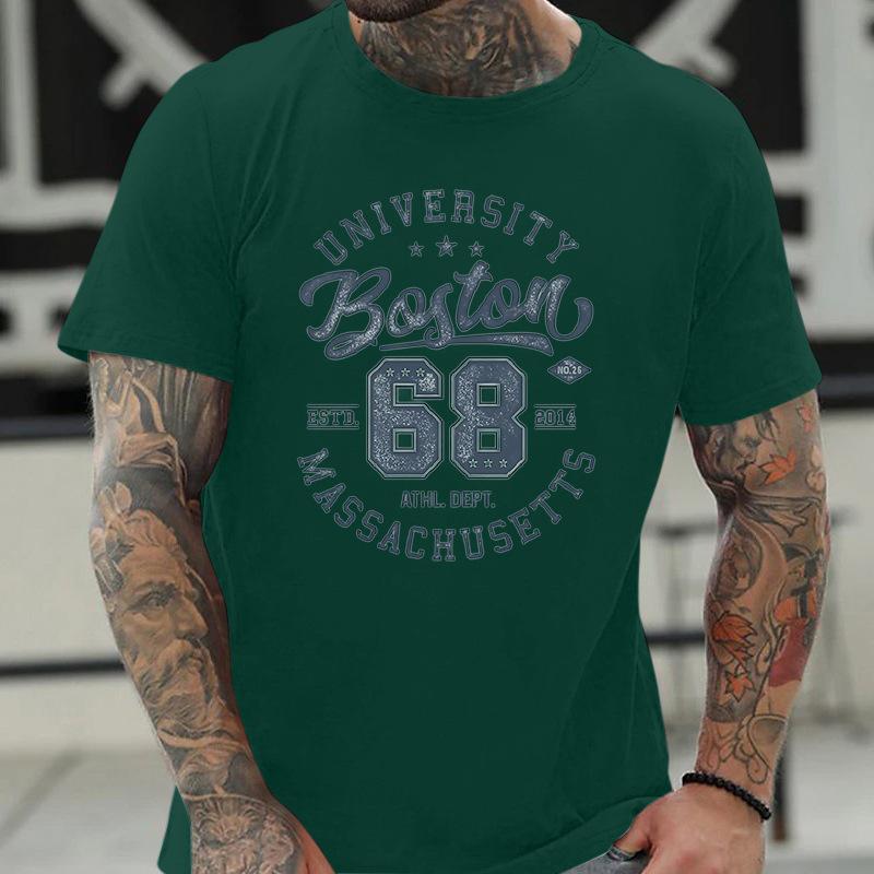 Plus Size Pure T-shirt Round Neck Print Men's Fashionable Short Sleeved T-Shirt- Soft Medium Stretch Polyester Fabric Summer Mens Relaxed Fit Clothing