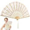 Cotton Bamboo Vintage Lace Foldable Fan Elegant White Gift for Women Ladies Performance Stage Show Wedding Anniversary