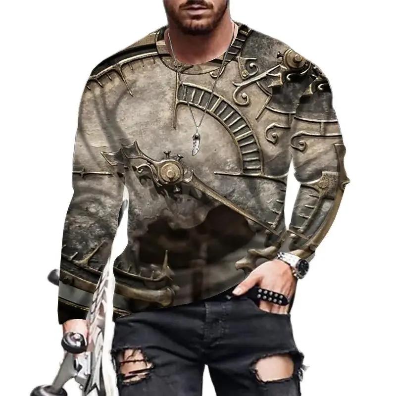2023 Vintage Print T-shirt 3D Clock Shirt Clock Long Sleeve Casual O- Neck 6xl  Shirt Oversized Trend Tops Tee Shirt Man Clothes