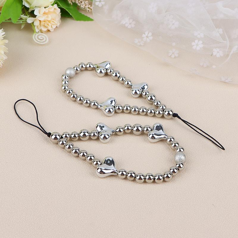1Pc Silver Color Heart Phone Charms Plastic Love Beaded Rope For Phone Women Men Short Cell Phone Lanyard Keychains