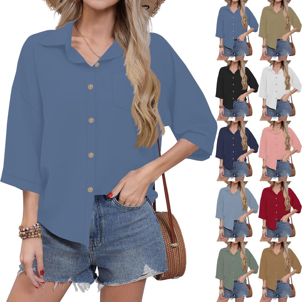 Women's Casual Solid Color Button-down Shirt Three-quarter Sleeve Dress Shirt Lapel Work Shirt With Pockets