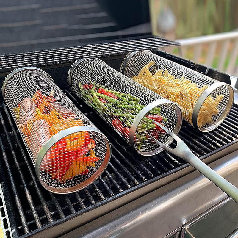Edelstahl Grillrost Grillkäfig Camping Picknick Kochgeschirr Outdoor Runder BBQ Lagerfeuergrill Rollbarer Grillkorb