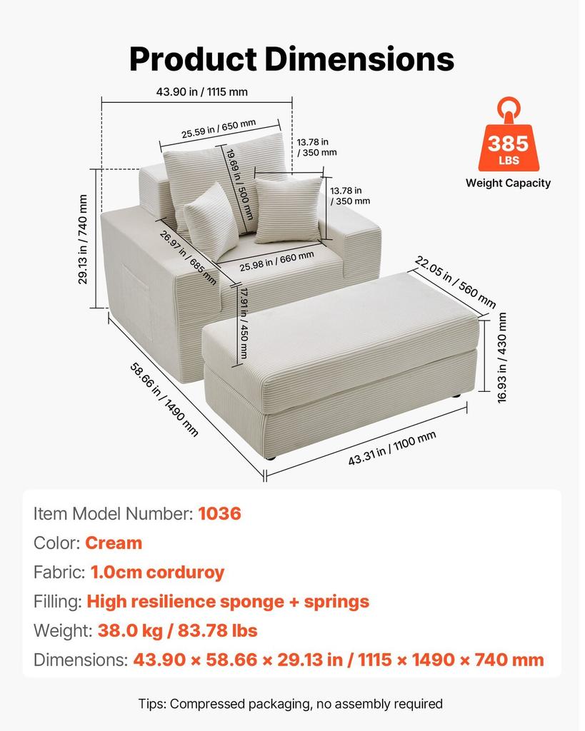 Chaise Lounge Chair, 1115 mm Boneless Modular Chaise Lounge Indoor, Oversized Corduroy Reading Chair with Throw Pillows & Armrests, Deep Seat Sofa