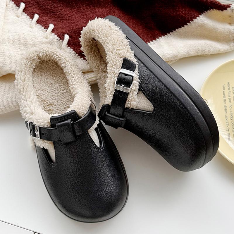 Fashion Autumn Winter Fur Clog Slippers Women 2025 Lightweight Non Slip Indoor Cotton Slippers Woman Buckle Decor Soft Sole Birken Shoes