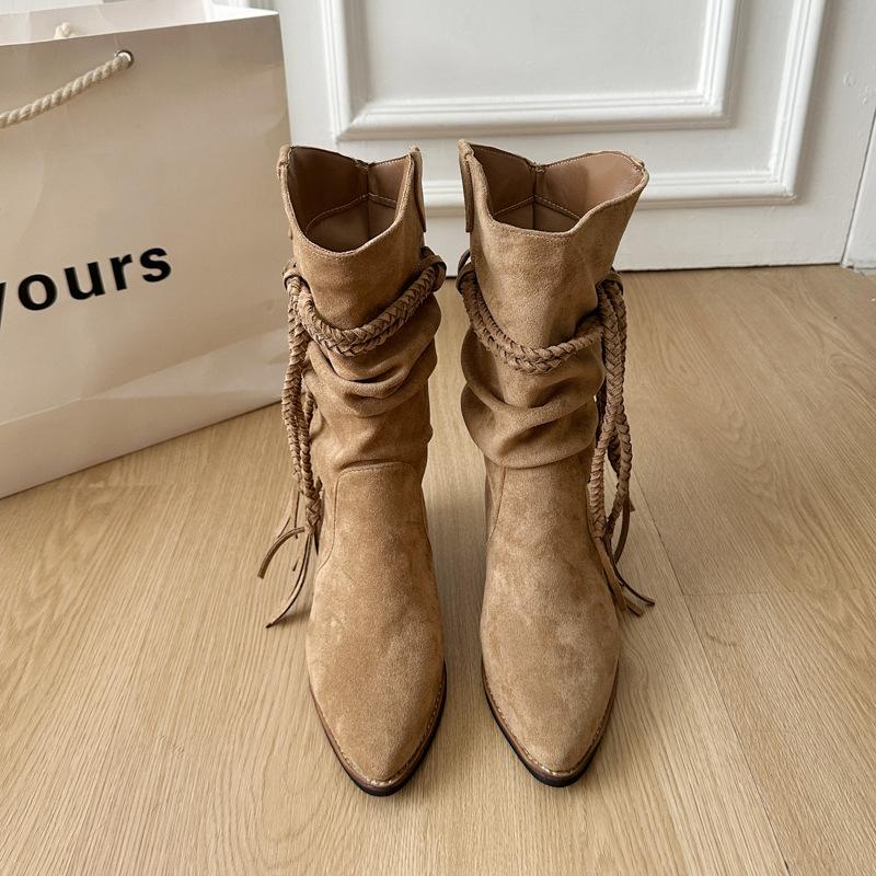 Cowhide Version~ Thick-soled Boots Female Waste Retro Style Knight Boots Genuine Leather Matte Fringed Hemp Rope Thick Heel Medium Boots
