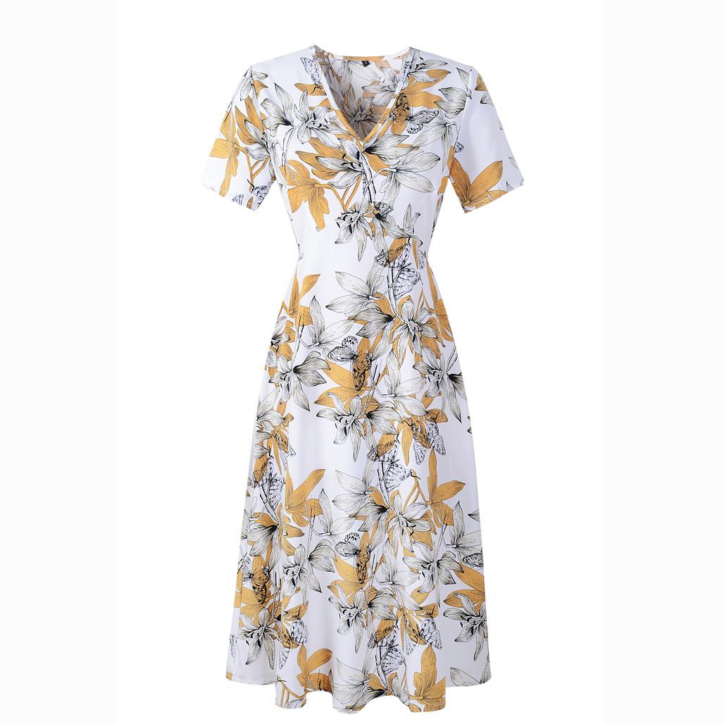 

Женское летнее повседневное платье с v-образным вырезом и коротким рукавом, шифоновое длинное платье с принтом, S-XL XXL белый