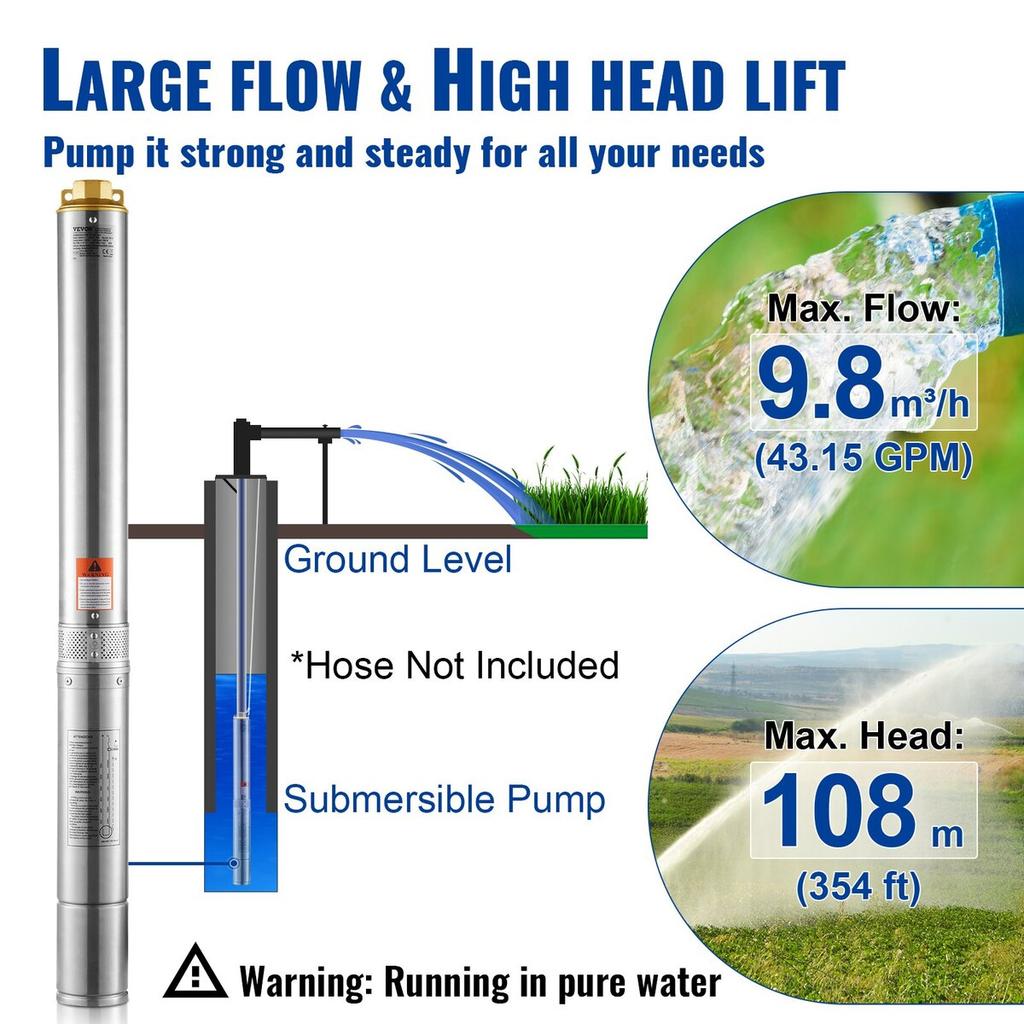 Deep Well Submersible Pump Stainless Steel Water Pump 1500W 9.8 m³/h 108 m