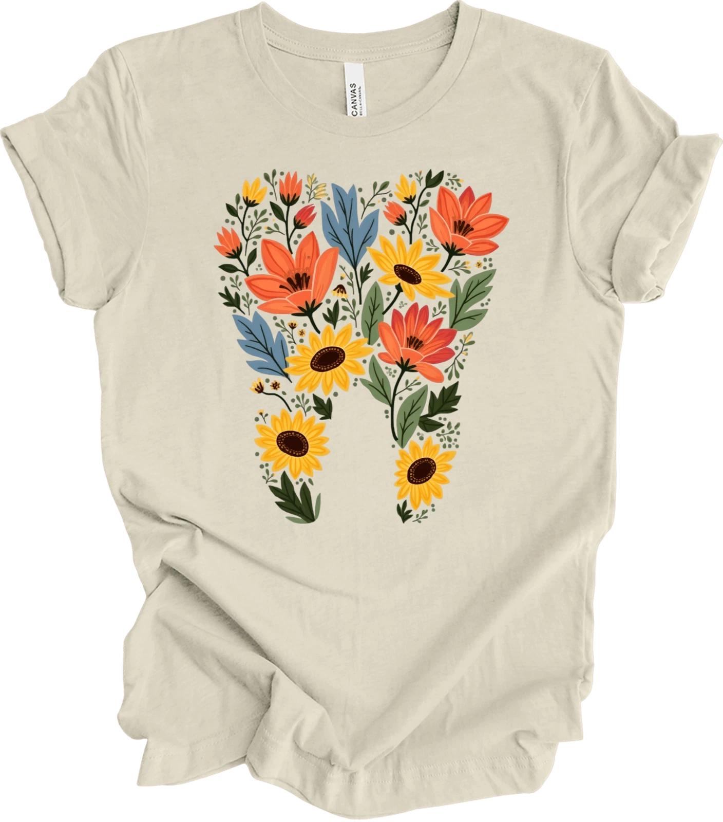 

Floral Tooth Art with Retro Aesthetic Whimsical Design for Dental Gift T shirt M