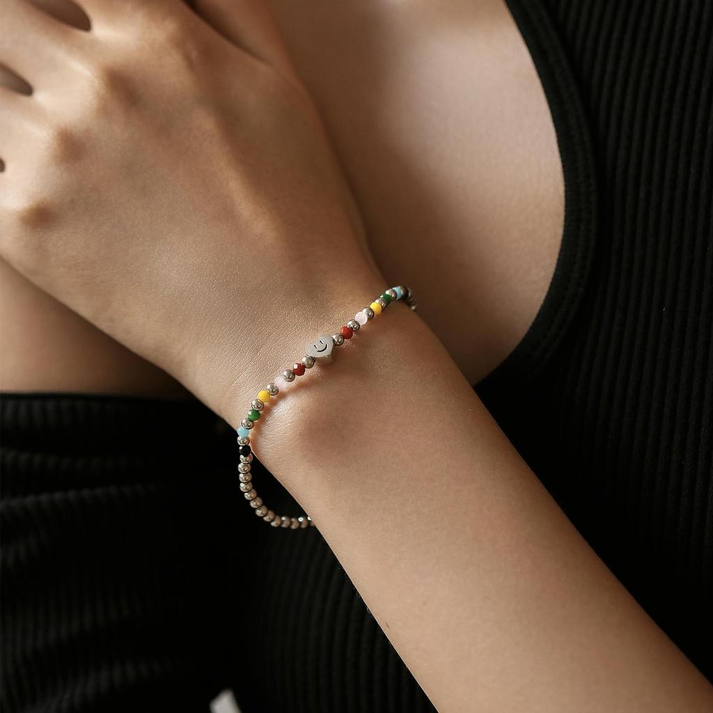 MODIAN 925 Sterling Silver Colorful Heart Love Smile Basic Beads Bracelet Adjustable Elastic Bracelets For Women Jewelry Gift